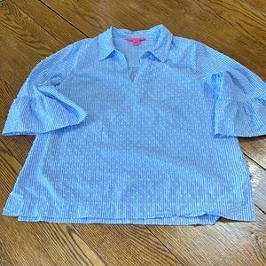 Lilly Pulitzer light blue bell sleeve pullover blouse. Dotted Swiss. Size Large.